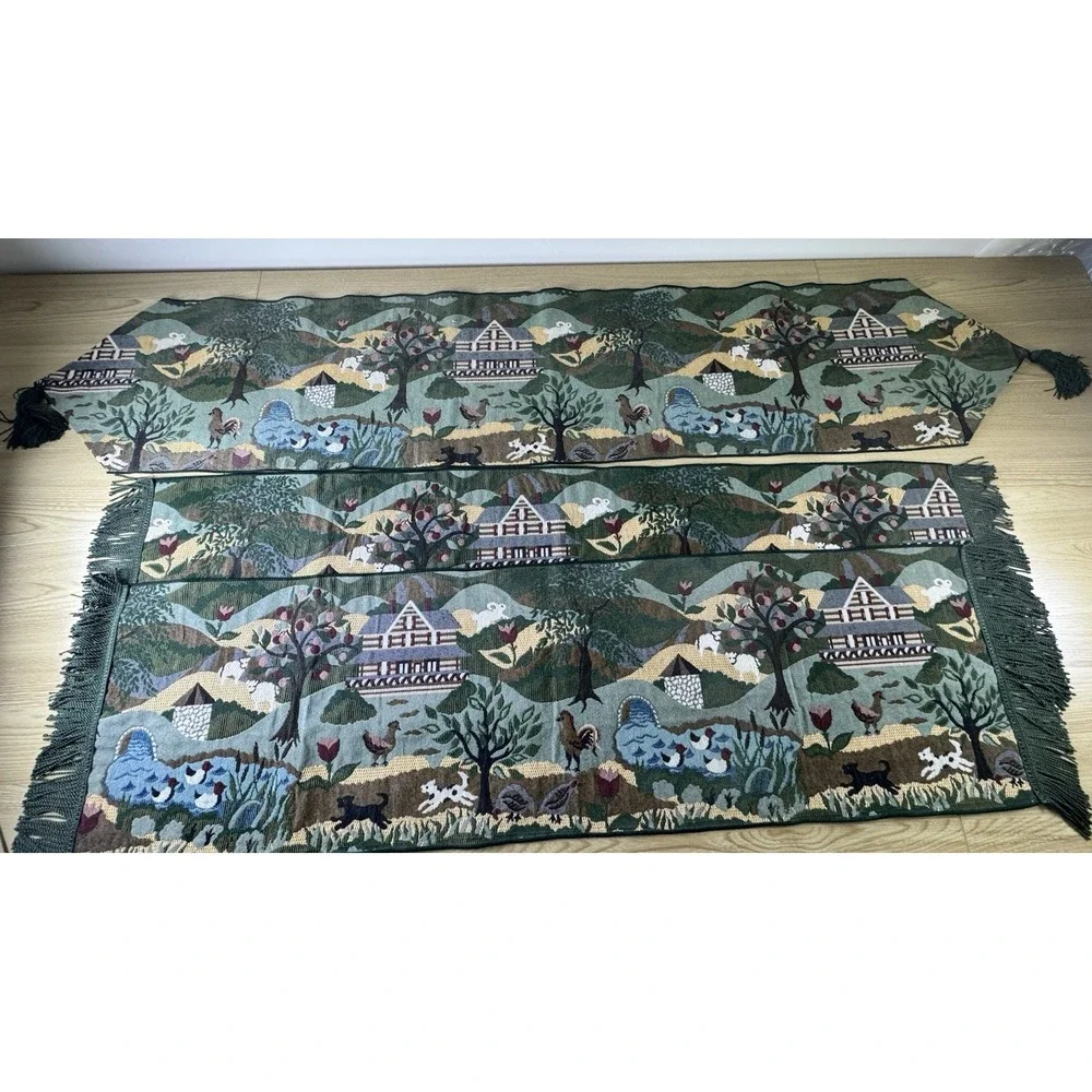 Green Tapestry Table Runner Fringed Tasseled Farm Life Animals Country 3 Pc